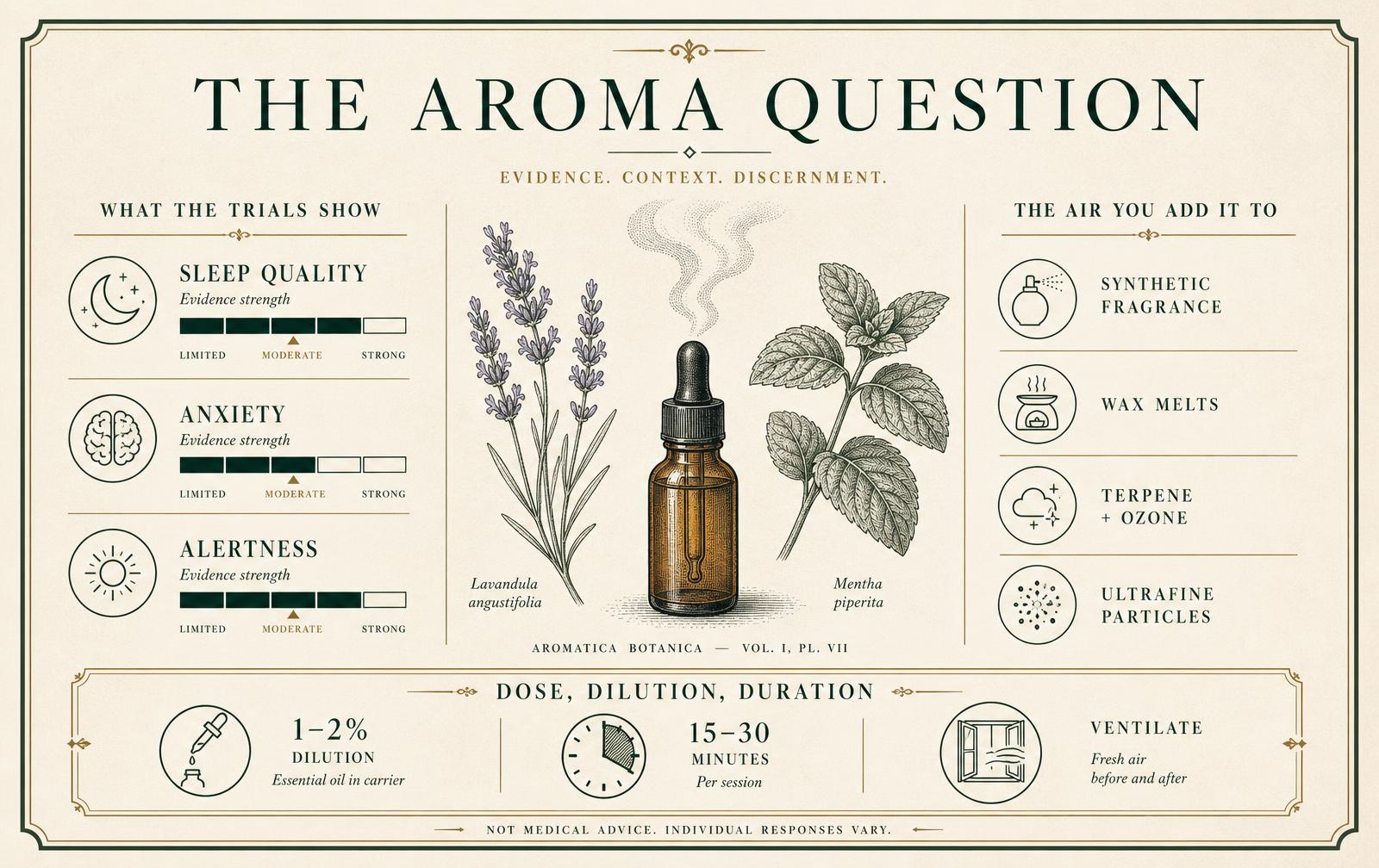 Editorial infographic plate showing evidence strength for sleep, anxiety and alertness alongside indoor air exposures and dilution guidance.