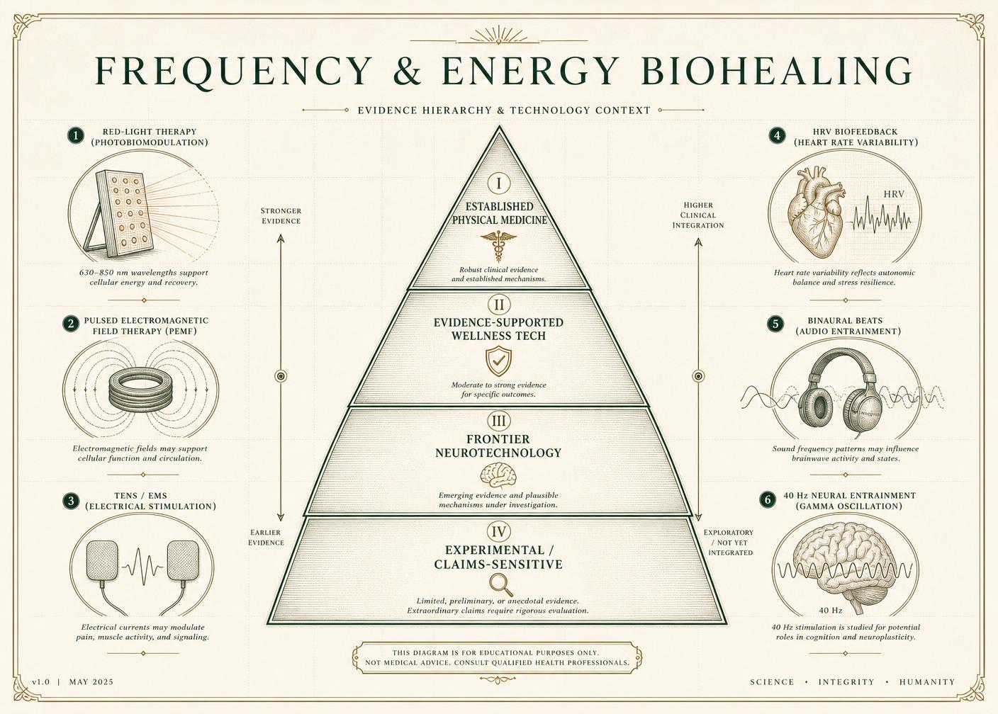 Editorial infographic mapping frequency and bioelectric therapies by mechanism and evidence strength, from established devices to speculative claims