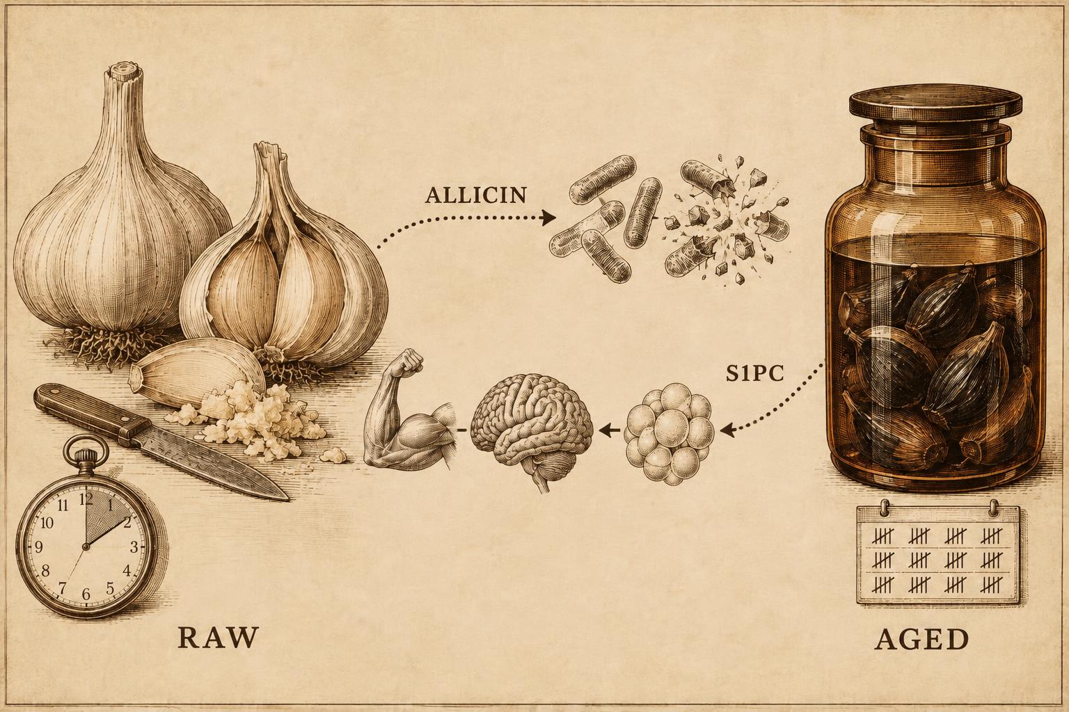 Engraved plate contrasting raw garlic, a crushed clove and a ten-minute pocket watch, whose allicin path breaks apart bacteria, with a jar of aged garlic whose S1PC path runs through fat cells, the brain and a flexed arm muscle.