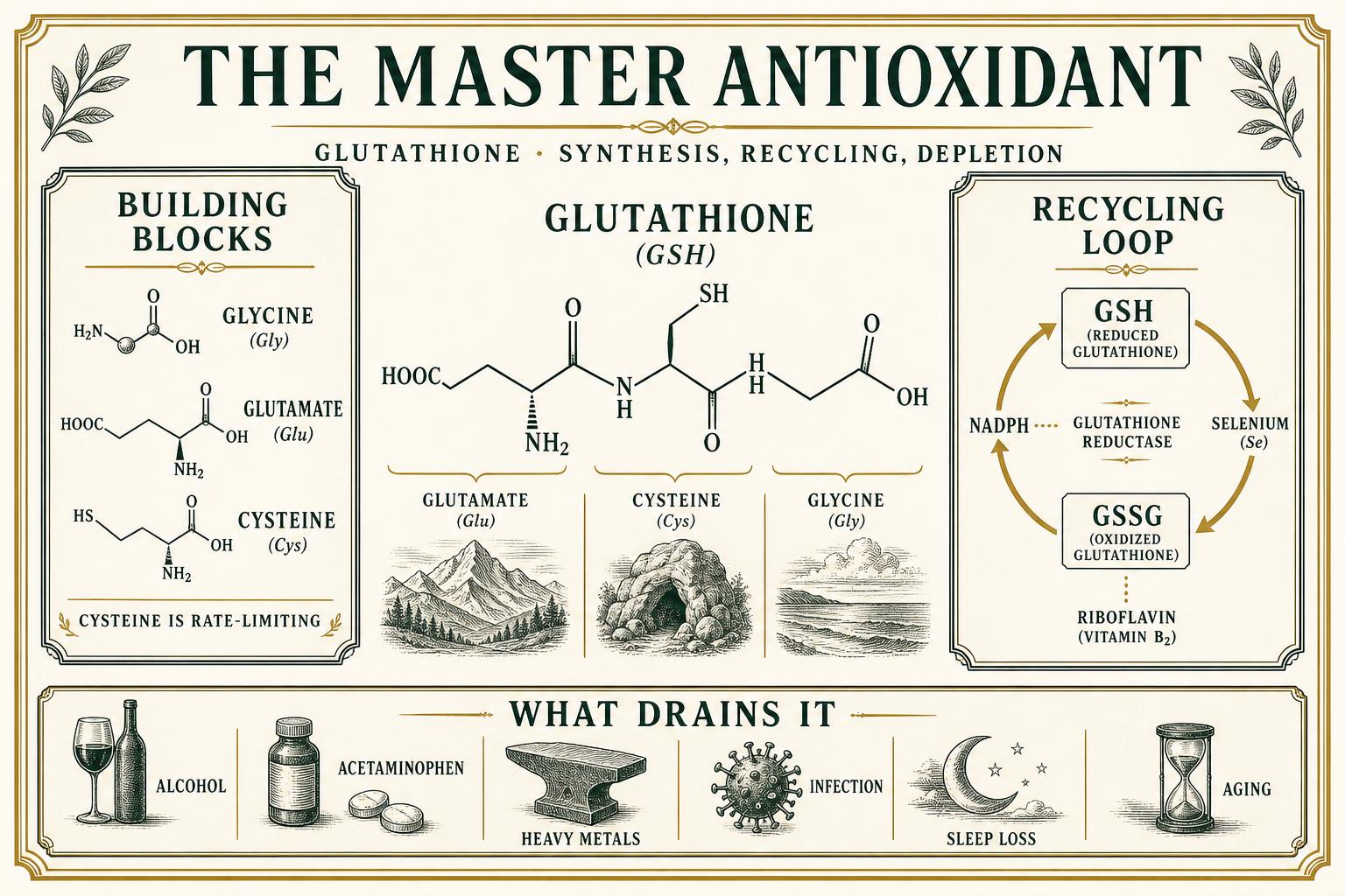 Infographic of glutathione's structure, its three amino-acid building blocks, the GSH to GSSG recycling loop and the common depletion pressures