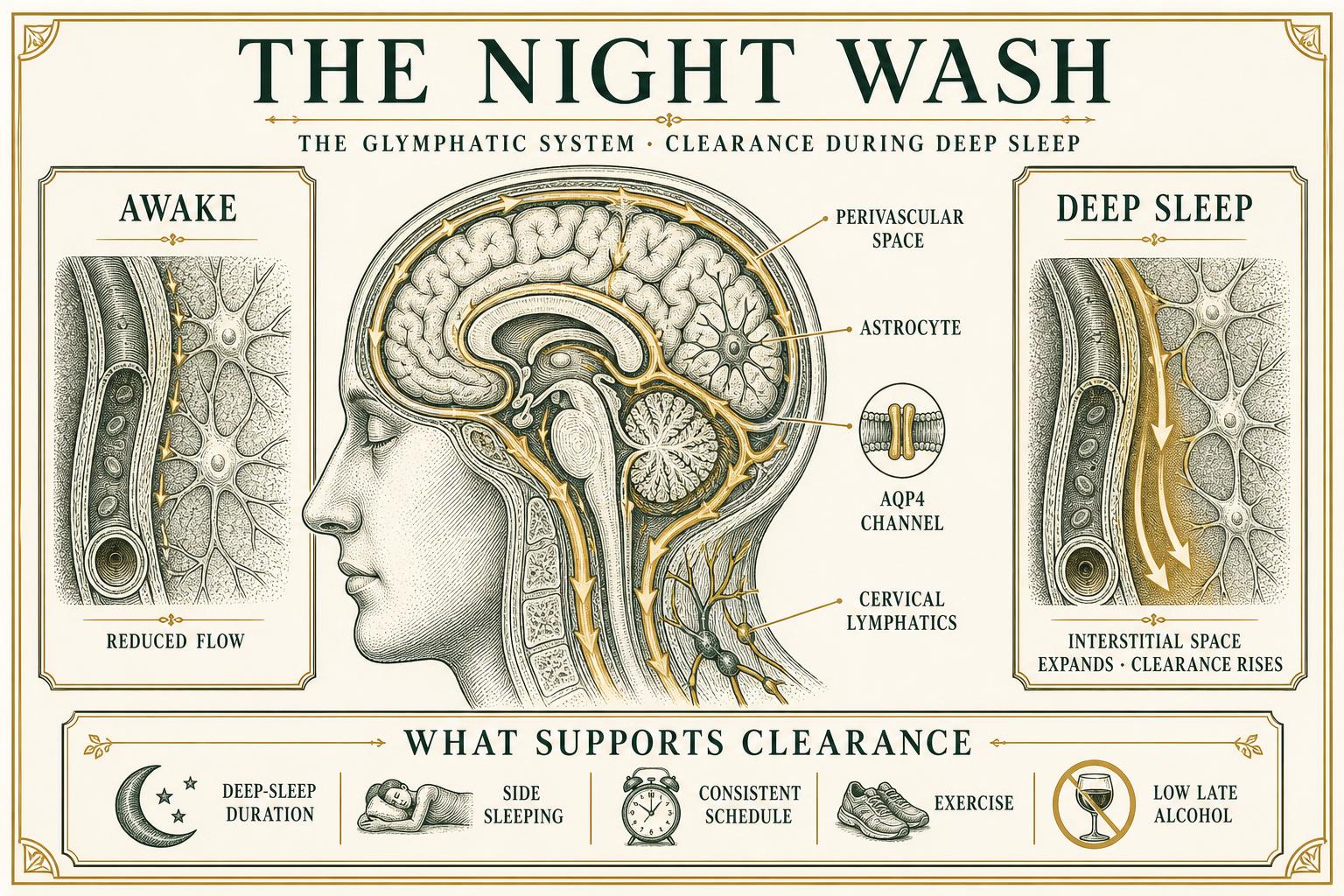 Infographic of the brain glymphatic system showing cerebrospinal fluid flow along perivascular spaces, contrasting reduced awake flow with expanded deep-sleep clearance