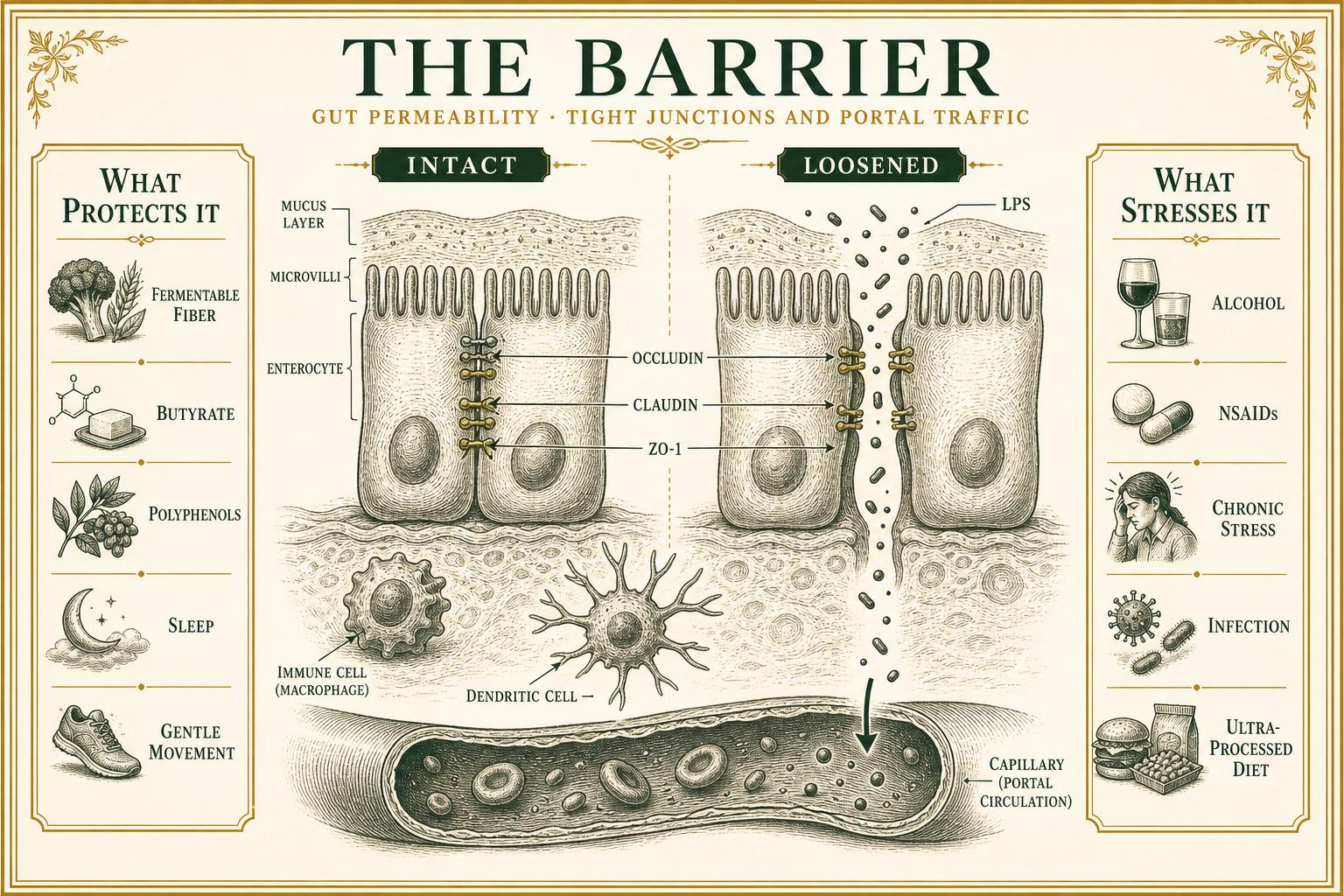Infographic comparing intact and loosened intestinal tight junctions, showing occludin, claudin and ZO-1 proteins and LPS crossing into portal circulation