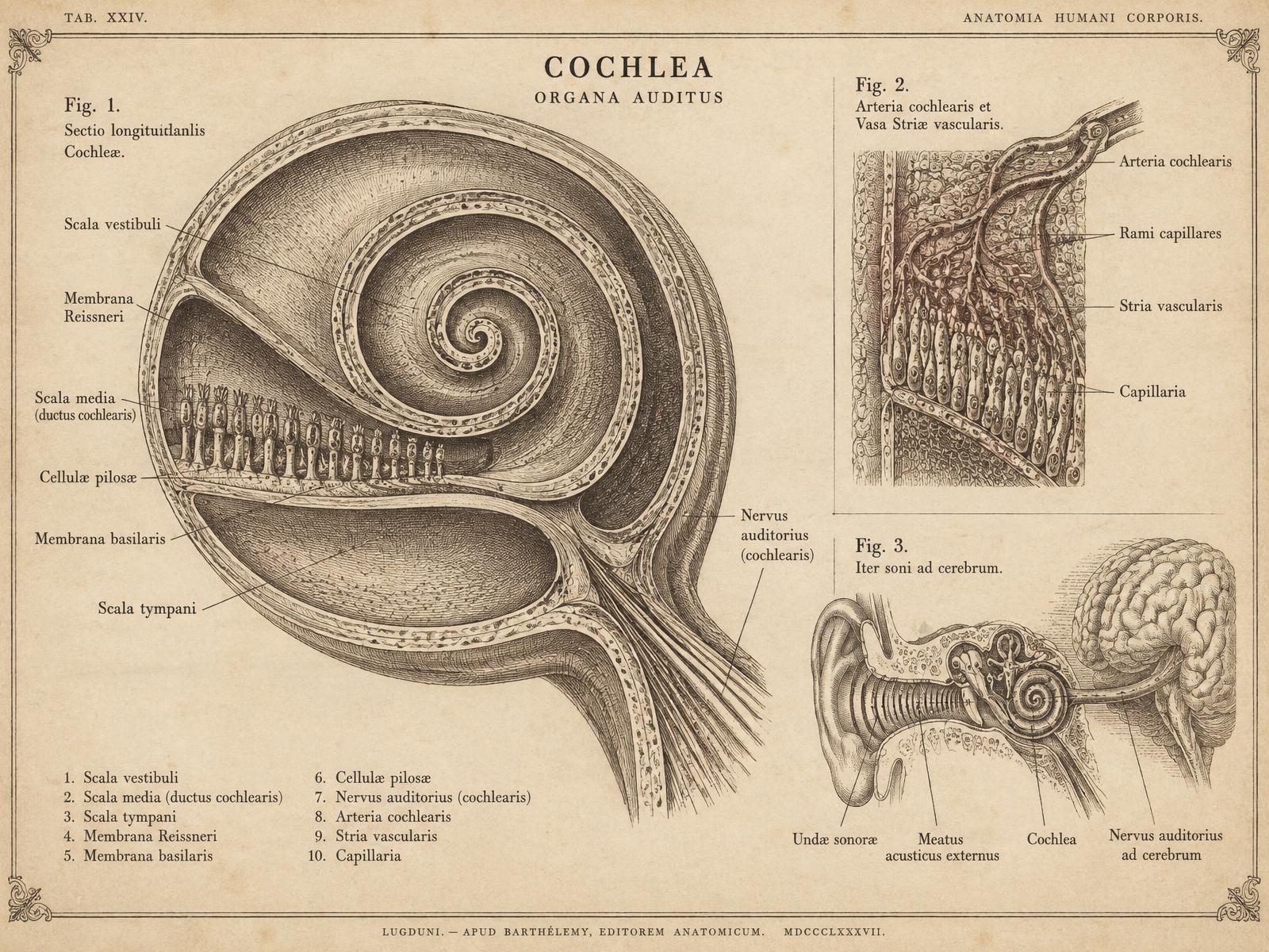 Engraved medical plate showing a cross-section of the cochlea with its spiral structure, hair cells, and auditory nerve, flanked by diagrams of cochlear blood supply and the connection between the ear and the brain.