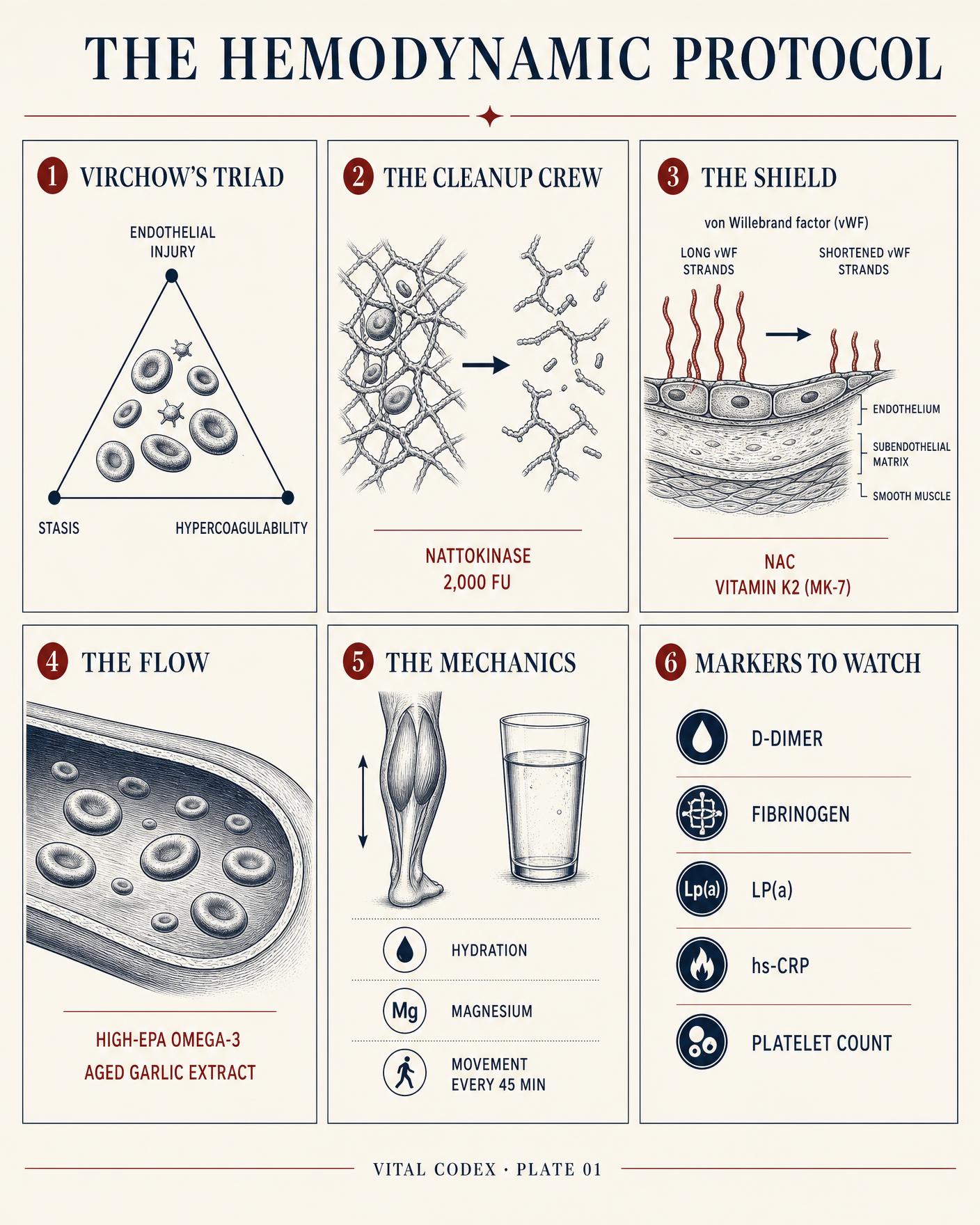 Editorial infographic plate showing Virchow's triad of endothelial injury, stasis and hypercoagulability, a fibrin mesh being cleaved by nattokinase, a vessel wall cross-section with shortened von Willebrand factor strands under NAC and vitamin K2, non-clumping platelets under high-EPA omega-3 and aged garlic extract, the calf muscle pump with hydration and magnesium, and the markers D-dimer, fibrinogen, Lp(a)…