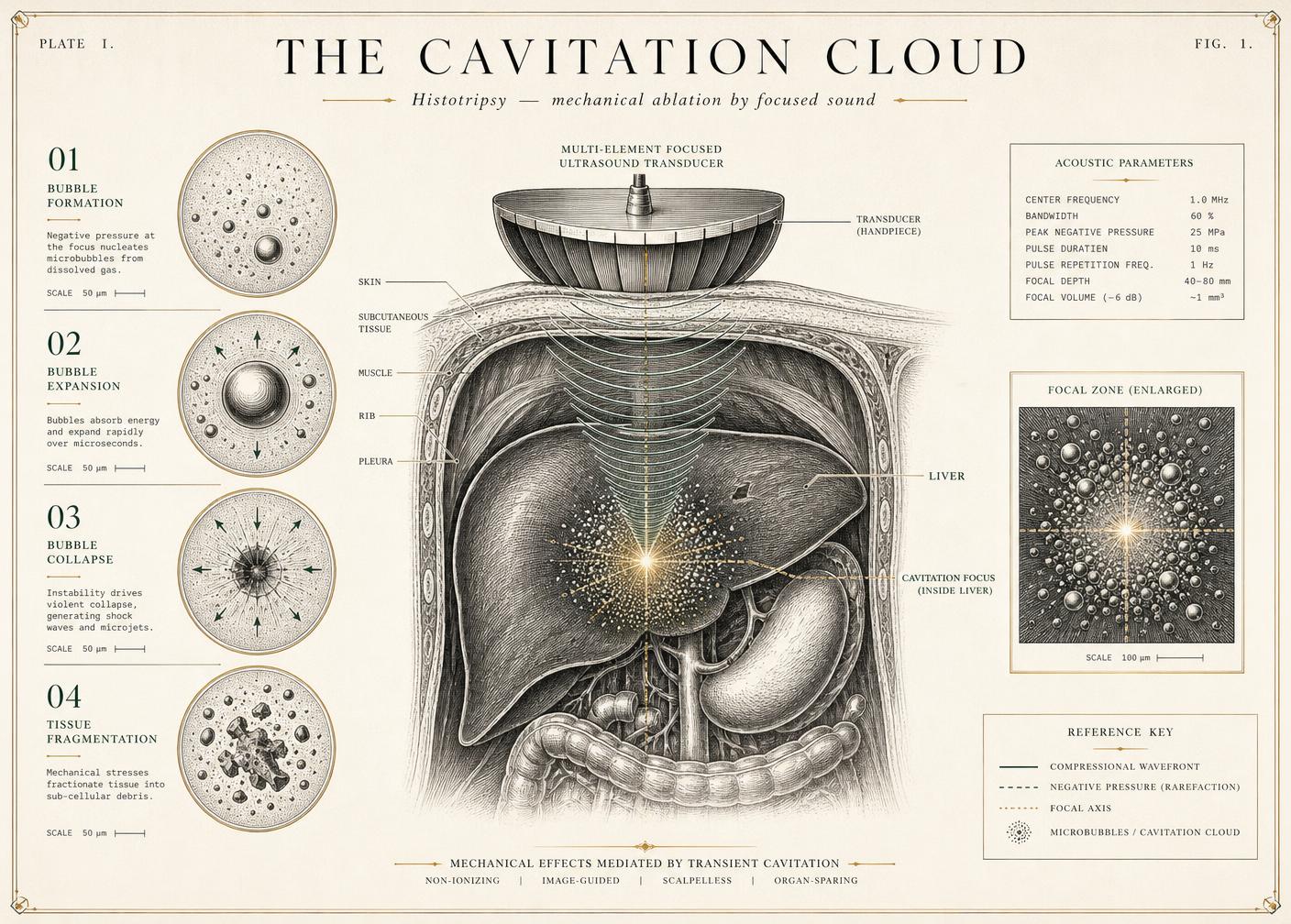 Engraved anatomical plate showing a focused ultrasound transducer outside the body converging sound waves on a cavitation cloud inside the liver, with four numbered bubble-dynamics diagrams.