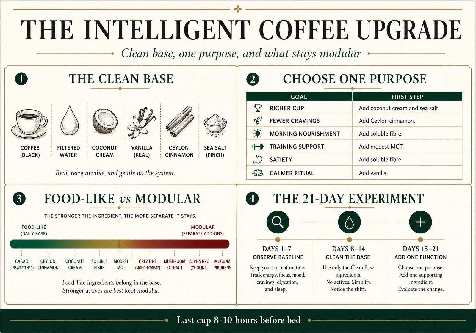 Editorial infographic plate mapping the intelligent coffee upgrade — a clean organic base, one chosen purpose, a functional additions matrix rating food-like versus pharmacologically active ingredients, five coffee templates, the sweetened versus unsweetened decision, and a 21-day self-experiment timeline.