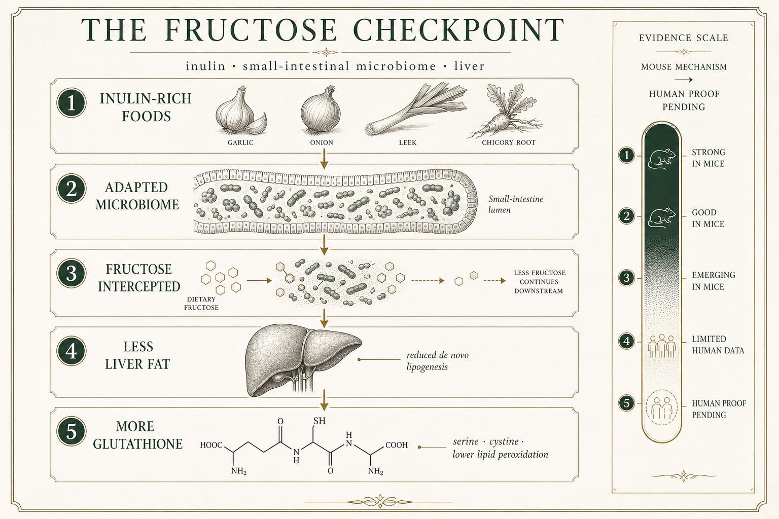 Infographic tracing dietary fructose from the small intestine through an inulin-adapted microbiome to reduced liver fat synthesis and greater glutathione capacity