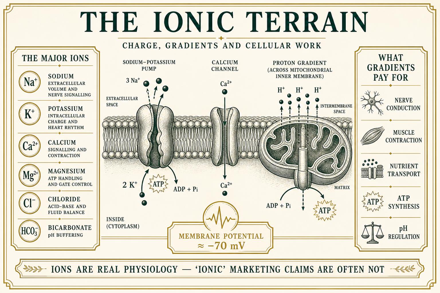 Infographic of ion pumps and channels across a cell membrane with the major electrolytes and the work that gradients pay for