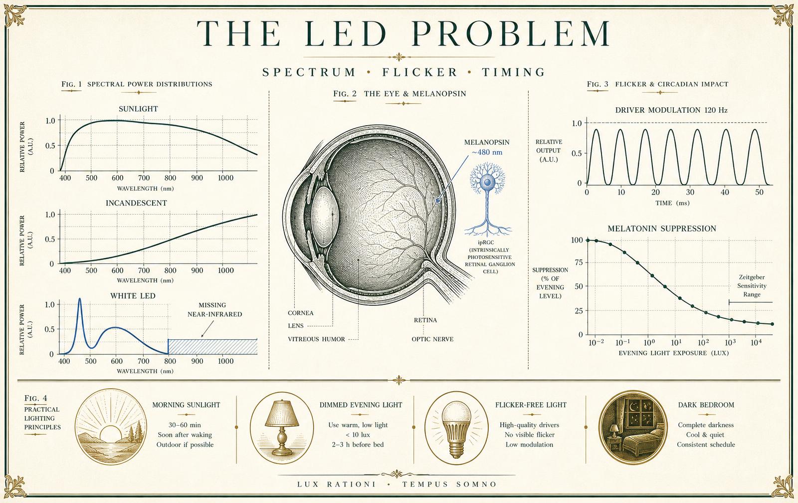 Infographic comparing the spectral output of sunlight, incandescent light, and white LED light, with a flicker waveform and a melatonin suppression curve