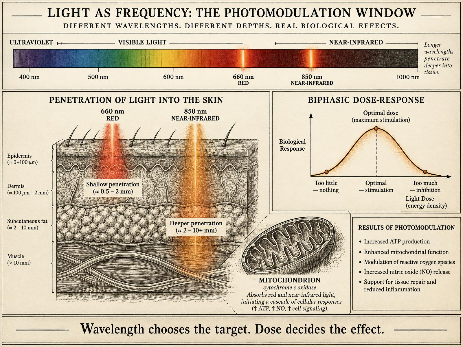 Engraved plate showing the visible and near-infrared spectrum with 660 and 850 nanometer bands highlighted, light penetrating skin layers to a mitochondrion, and a biphasic dose-response curve.