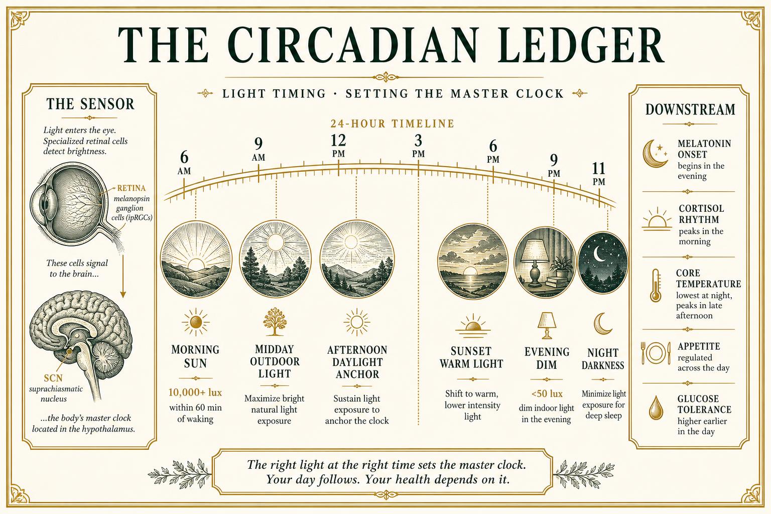 Infographic of a 24-hour light-exposure timeline from morning sun to night darkness, with the retinal melanopsin sensor and downstream circadian outputs