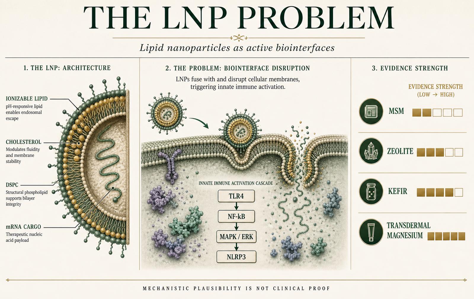 Infographic showing lipid nanoparticle structure, membrane disruption and inflammatory signaling cascade, and an evidence-strength rating for four detox protocol components