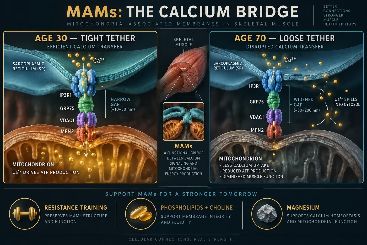 Infographic comparing tight and loose sarcoplasmic reticulum-to-mitochondria tethering at age 30 versus age 70, with the IP3R1-GRP75-VDAC1 bridge labeled