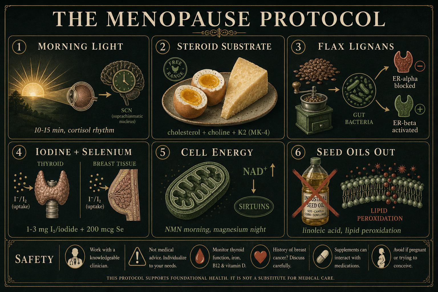Editorial infographic plate showing six panels of a menopause protocol: morning sunlight entering the eye and setting the suprachiasmatic nucleus clock for a sharp cortisol awakening response, free-range eggs with runny yolks and grass-fed cheese supplying cholesterol, choline and vitamin K2 in the MK-4 form, freshly ground flaxseed lignans converted by gut bacteria into metabolites that block estrogen receptor…