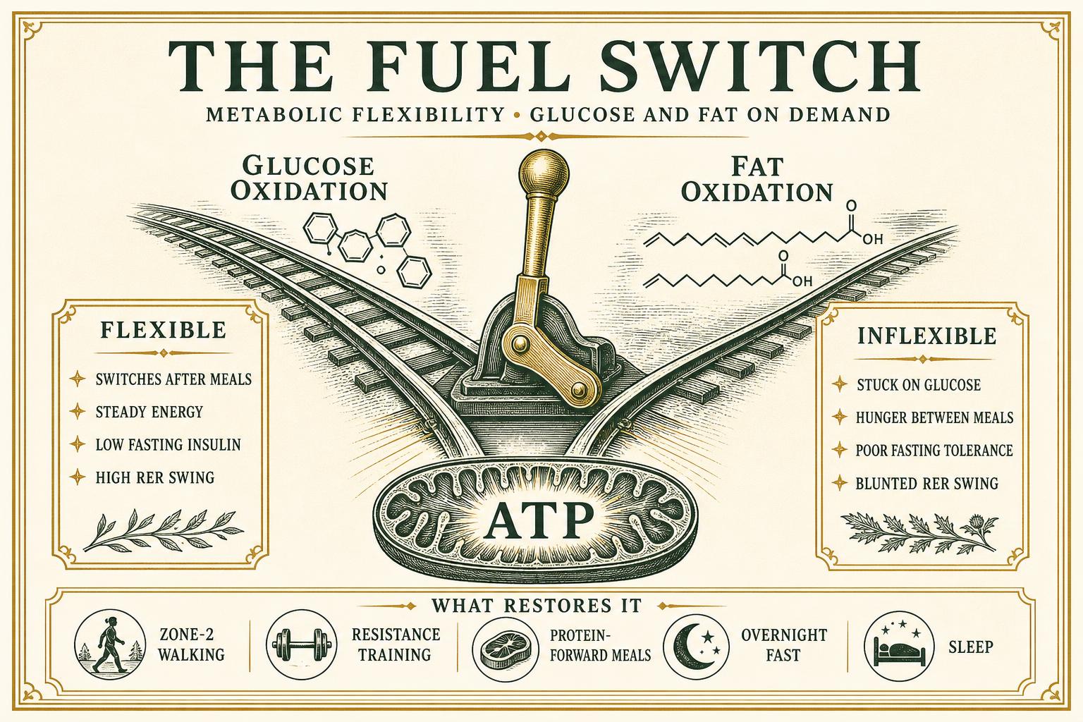 Infographic of a track switch between glucose oxidation and fat oxidation converging on ATP, contrasting flexible and inflexible metabolic traits