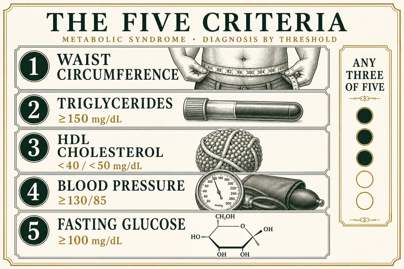 Infographic showing the five diagnostic criteria of metabolic syndrome — waist circumference, triglycerides, HDL cholesterol, blood pressure and fasting glucose — with the any-three-of-five rule