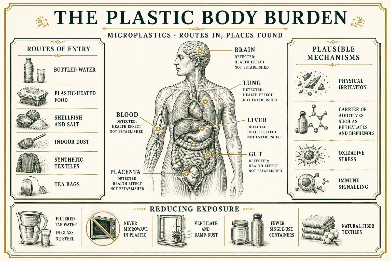 Infographic of microplastic entry routes, the organs where particles have been detected, plausible mechanisms and practical exposure reduction