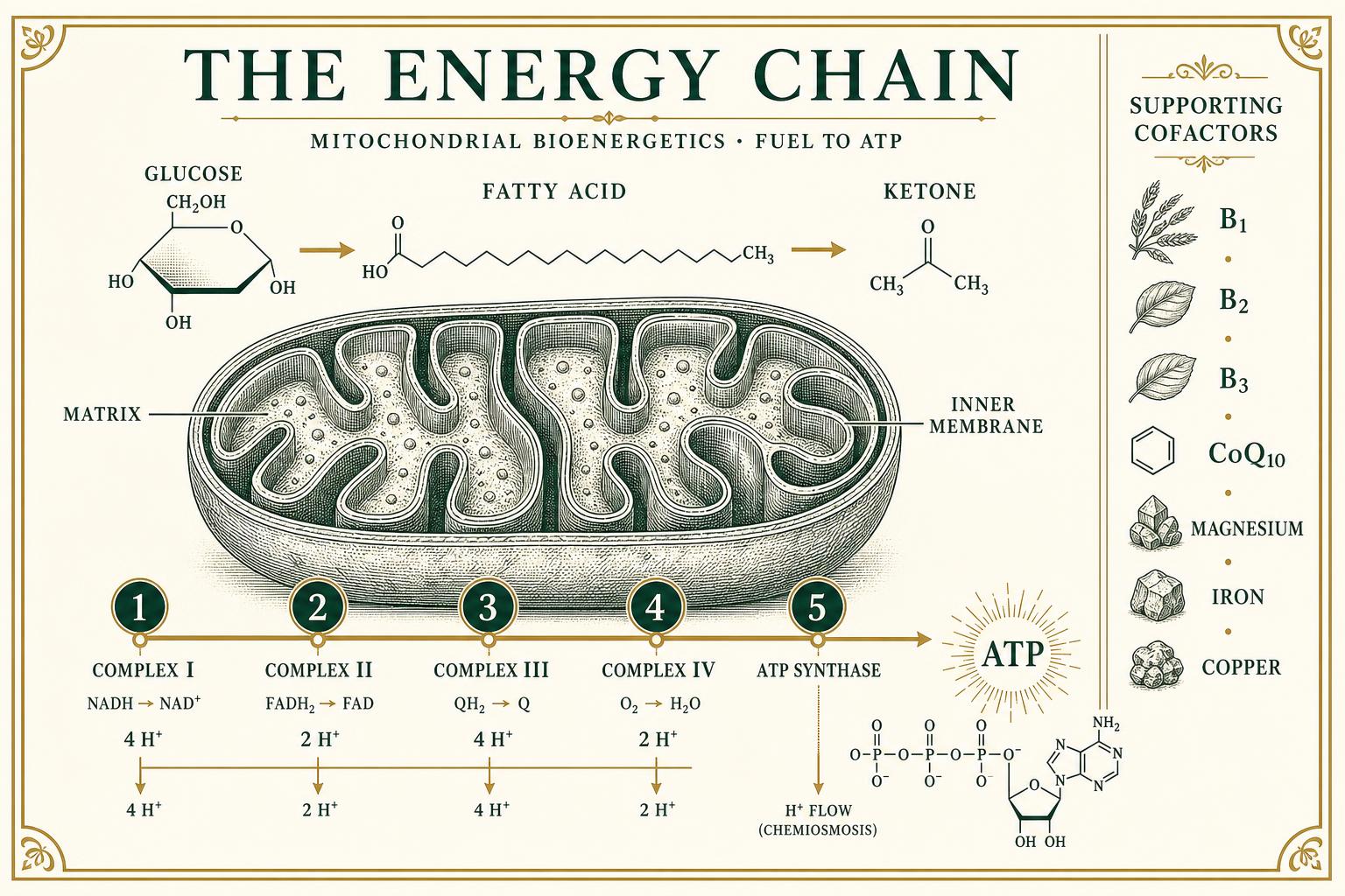 Infographic of a mitochondrion cross-section with the five electron transport chain complexes, fuel inputs and supporting cofactors