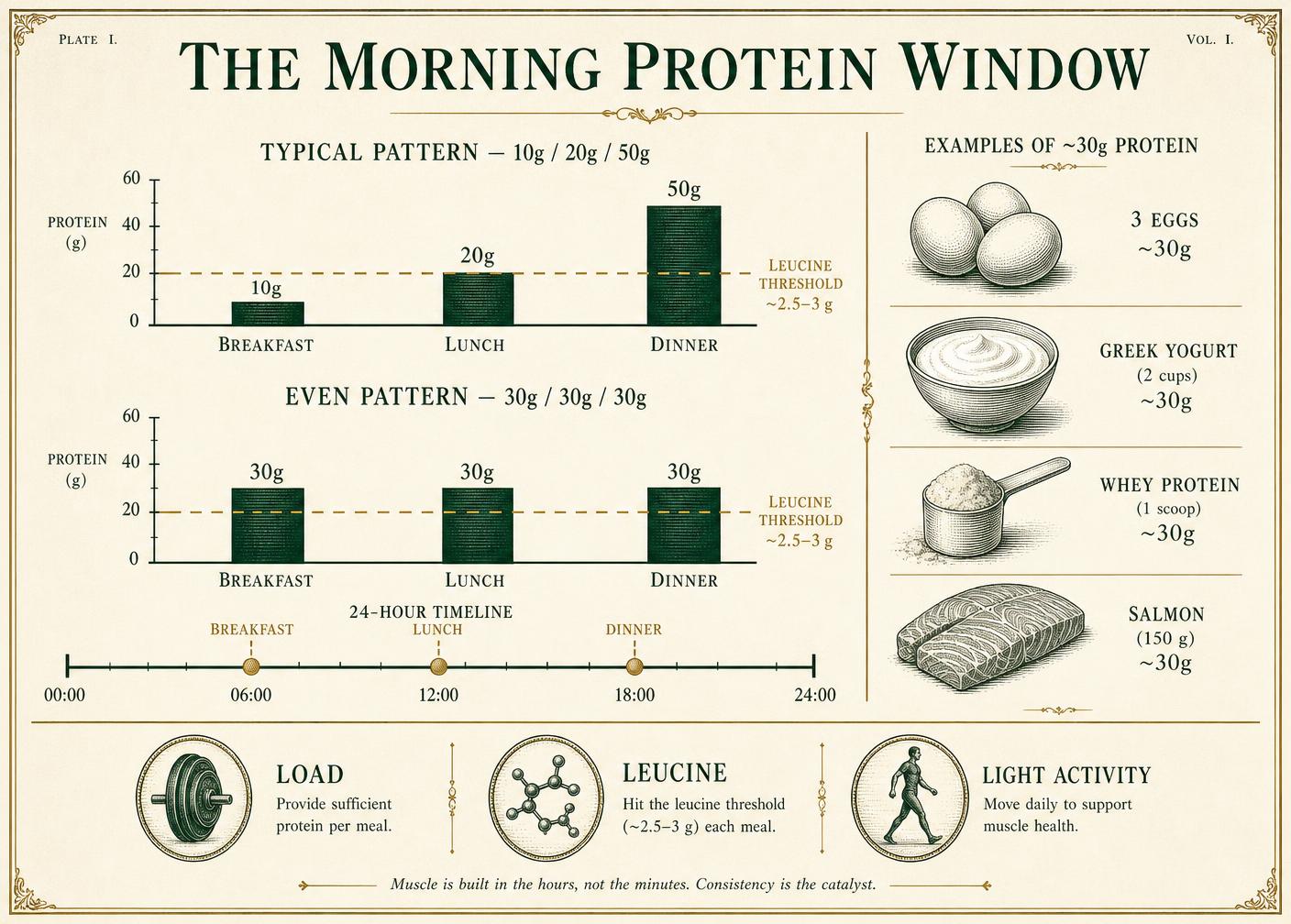 The morning protein window — typical versus even protein distribution across three meals, with the leucine threshold marked and four examples of 30-gram protein servings