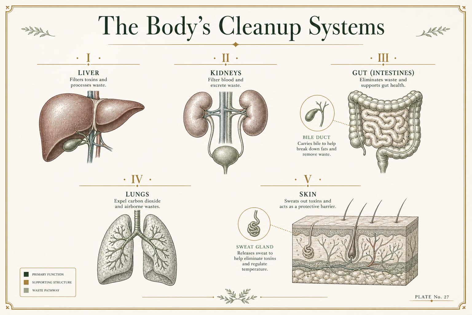 Editorial infographic on real detoxification: liver phase I and phase II pathways, elimination routes, and the nutrients each step requires