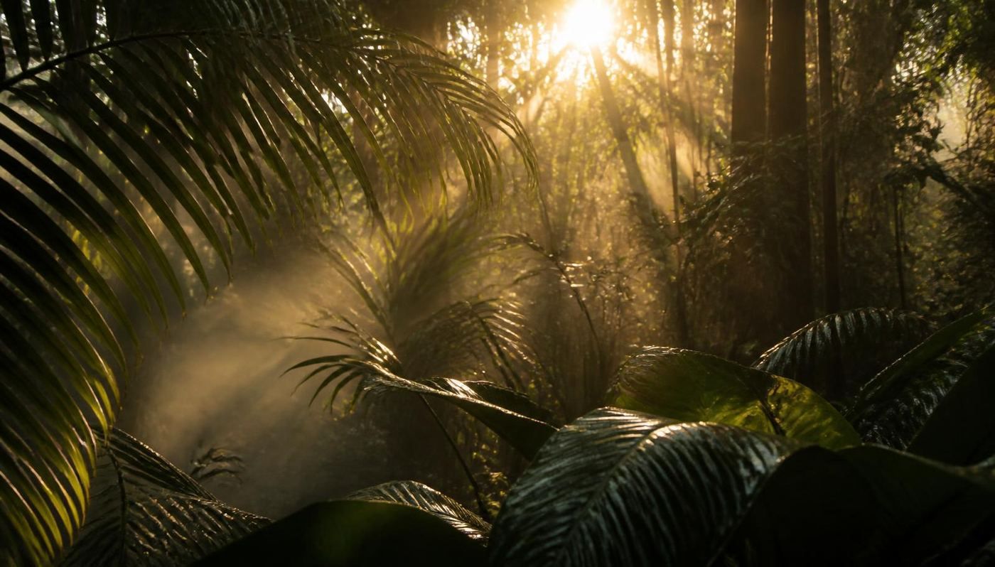 Morning sunlight through tropical foliage representing natural light and circadian health.