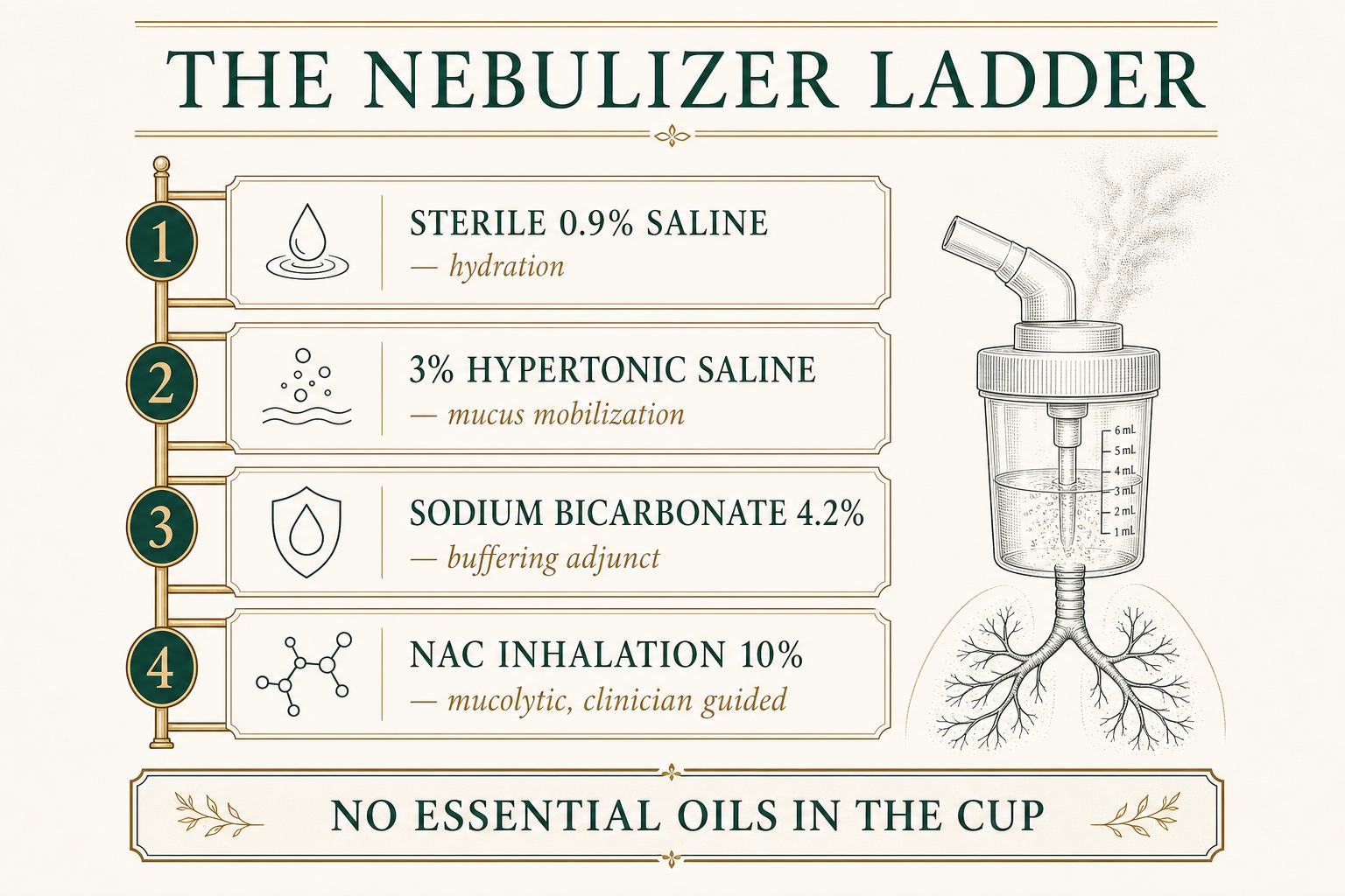 Editorial plate showing the four-step nebulizer ladder from sterile saline to clinician-guided NAC