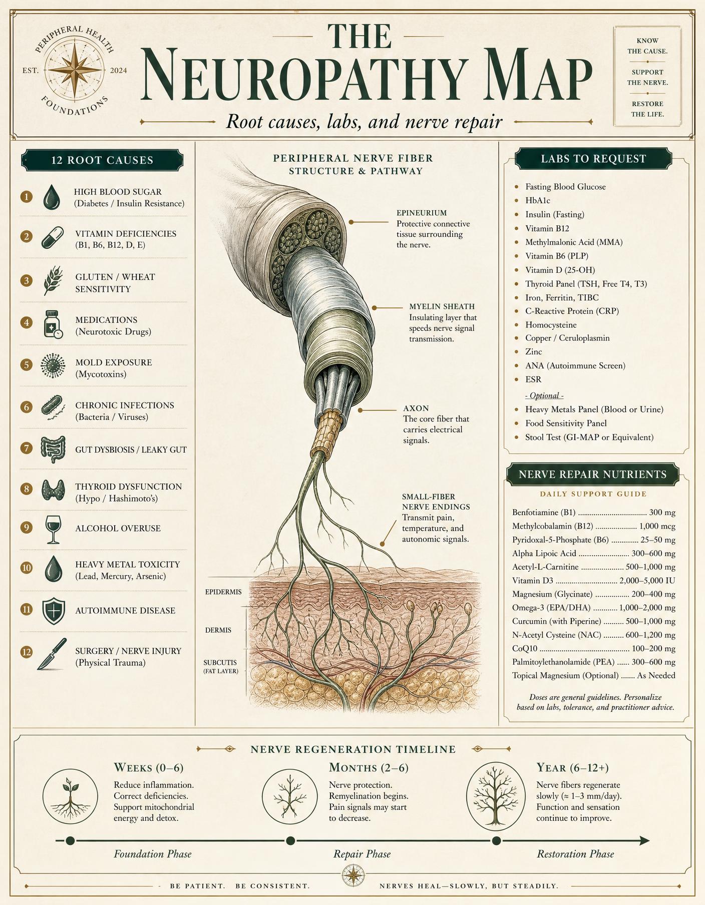 Editorial infographic titled The Neuropathy Map showing twelve root causes, peripheral nerve anatomy, labs to request, nerve repair nutrients, and a regeneration timeline