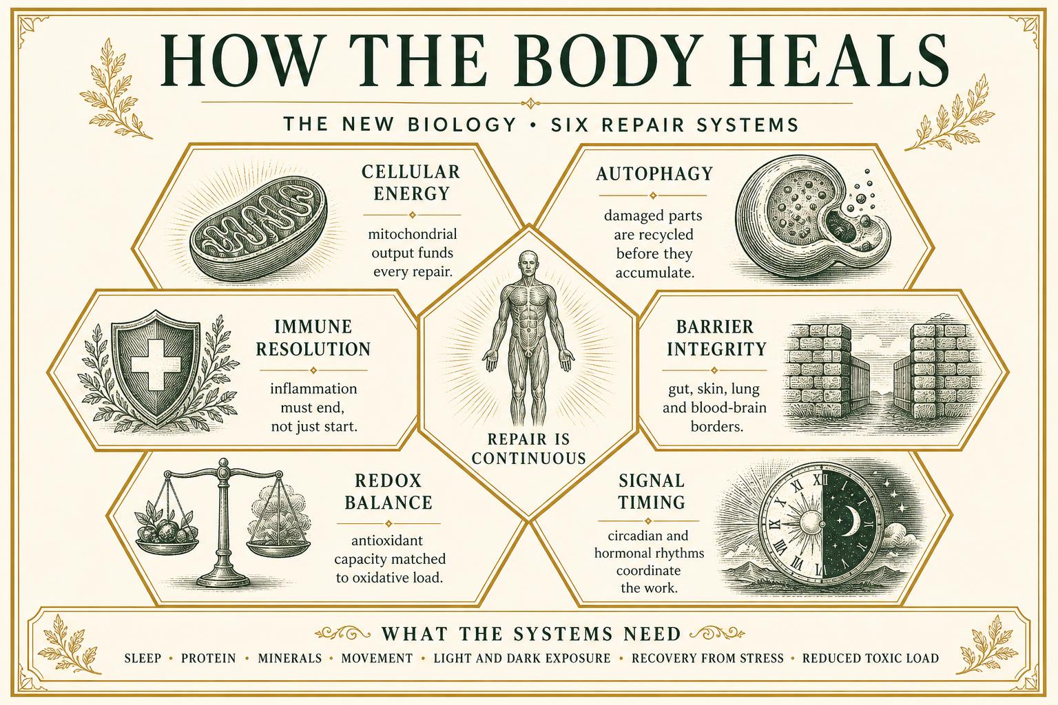 Infographic wheel of six repair systems: cellular energy, autophagy, immune resolution, barrier integrity, redox balance and signal timing