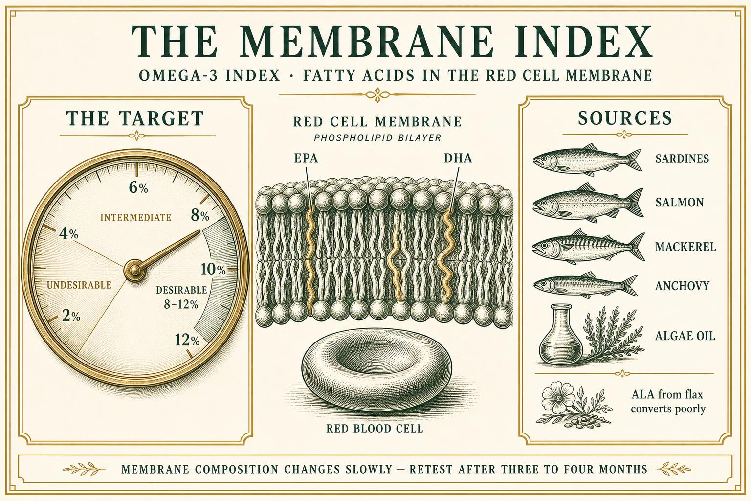 Infographic of the omega-3 index gauge with target range, EPA and DHA within a red cell phospholipid membrane, and dietary sources