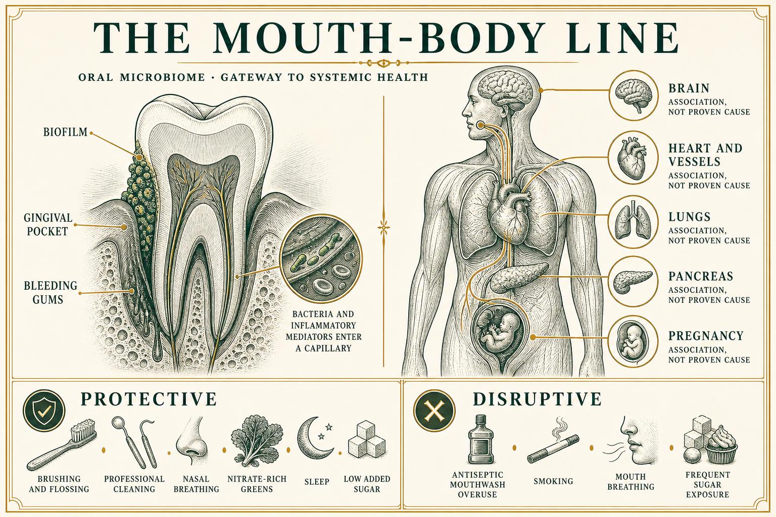 Infographic linking oral biofilm and gum inflammation to systemic associations in the heart, brain, lungs, pancreas and pregnancy