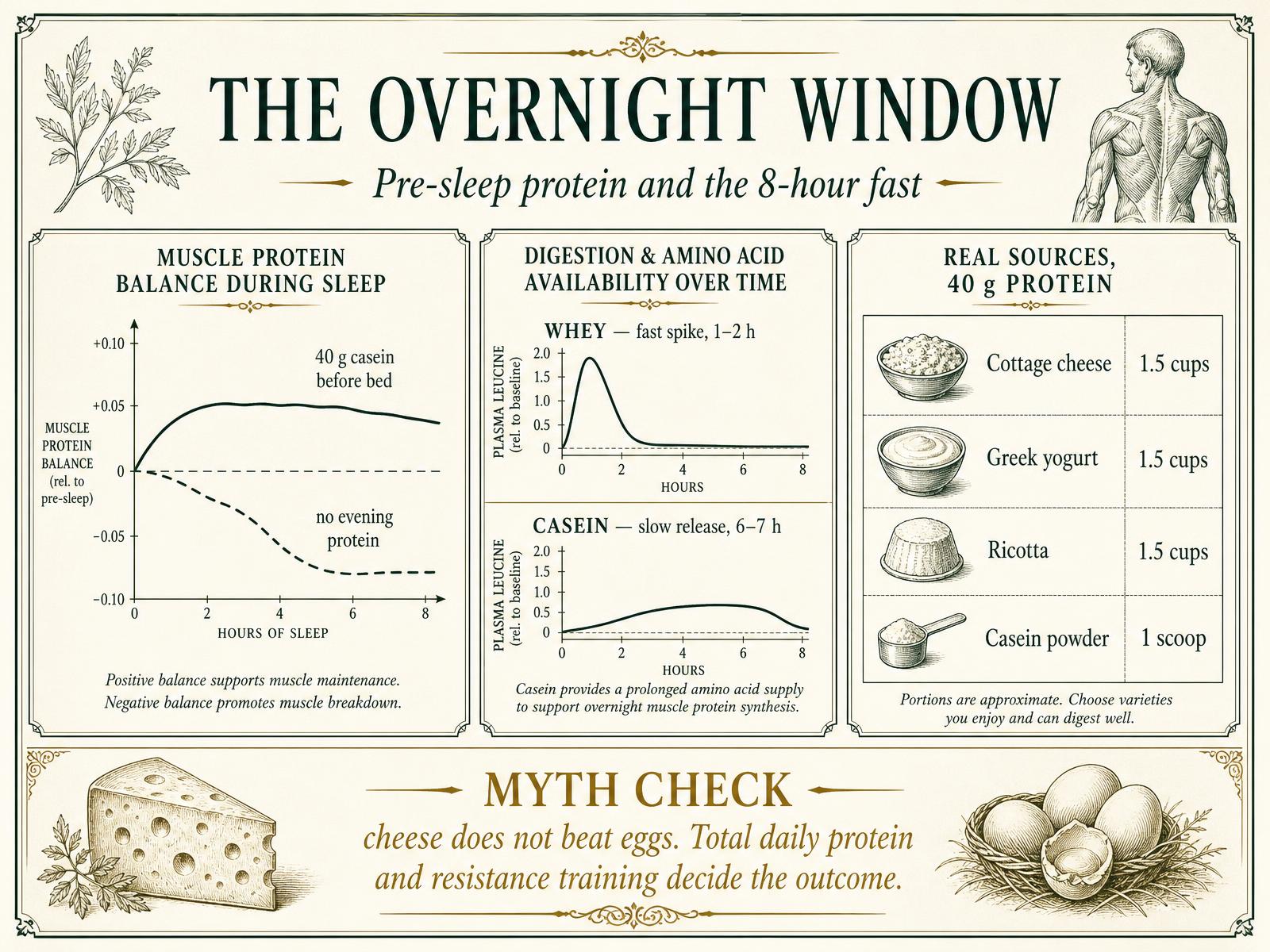 The overnight window — muscle protein balance during sleep with and without pre-sleep casein, whey versus casein release curves, and four real 40-gram protein sources