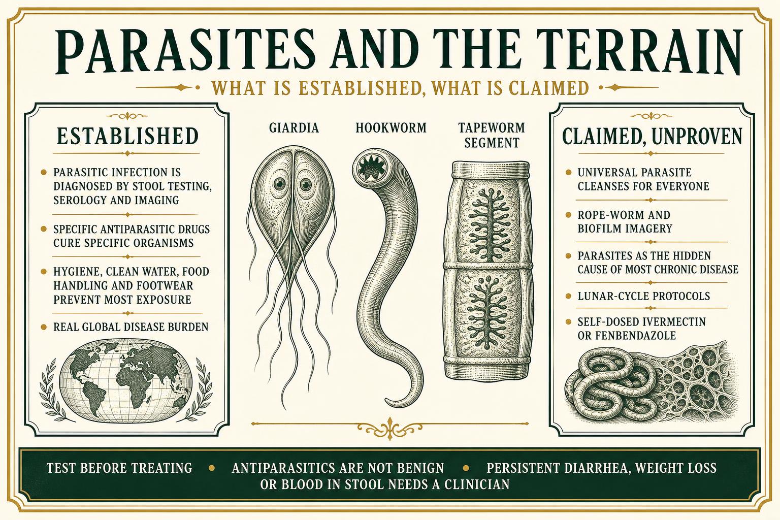 Infographic separating established parasitology and treatment from unproven cleanse and terrain claims