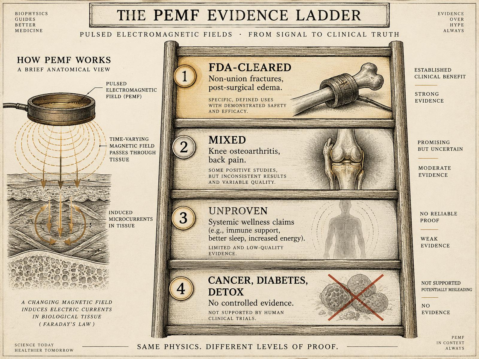 Evidence ladder plate ranking PEMF applications from FDA-cleared bone healing and post-surgical edema down through mixed pain research to unsupported whole-body wellness claims.