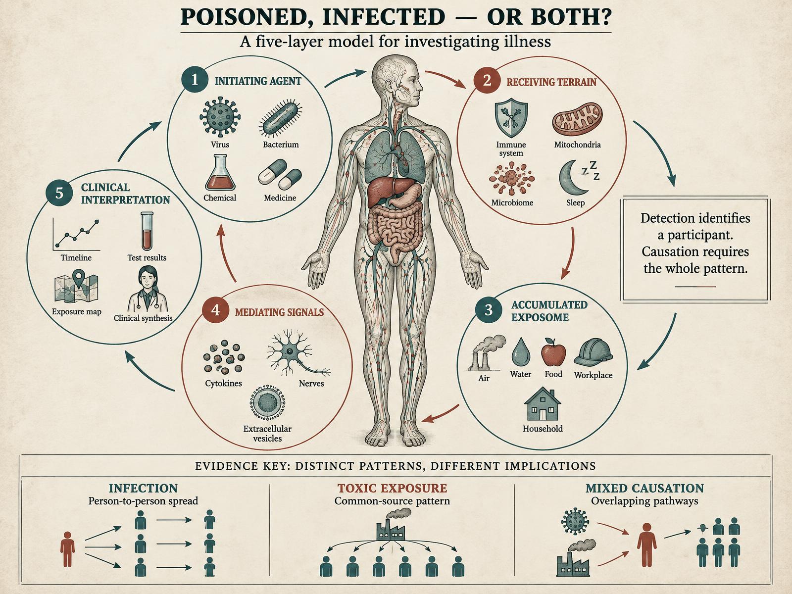 Five-layer medical diagram comparing infectious spread, common-source toxic exposure, host terrain, the exposome, biological signals, and clinical interpretation