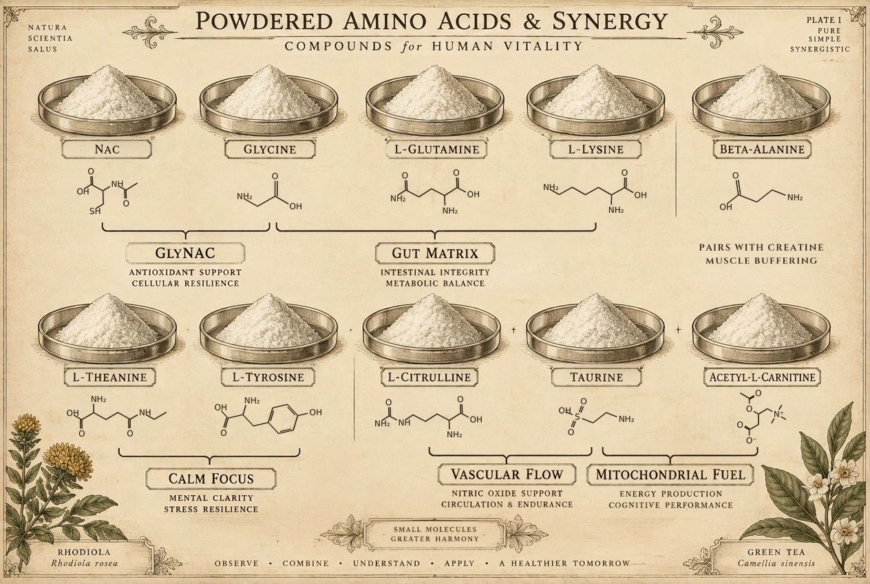 Engraved plate of ten apothecary dishes of amino acid powders with molecular diagrams, linked into five synergy pairs such as GlyNAC and vascular flow