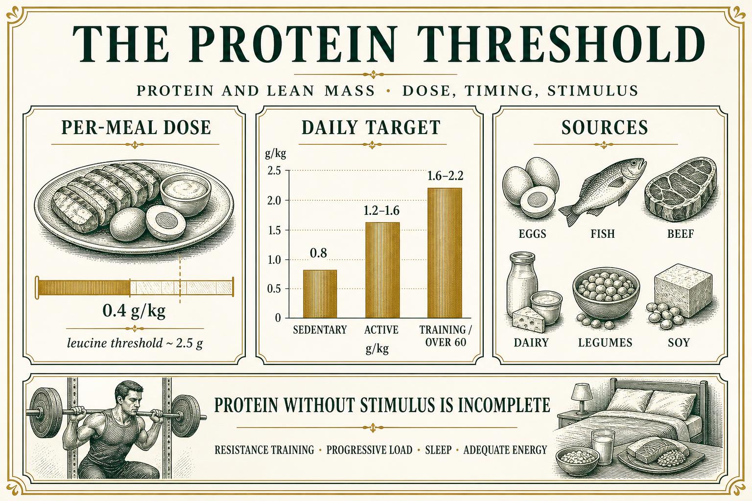 Infographic showing per-meal protein dose, daily targets by activity level, common protein sources and the resistance-training stimulus required for lean mass