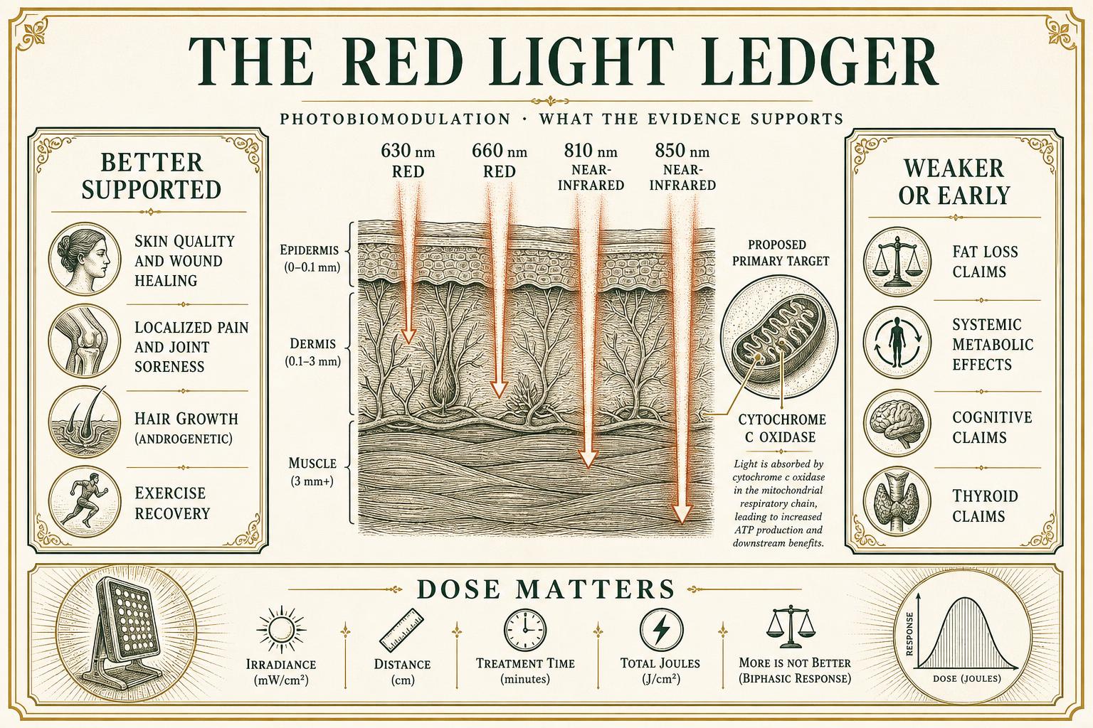 Infographic of red and near-infrared wavelengths penetrating skin layers toward cytochrome c oxidase, with better-supported versus early claims and dosing variables