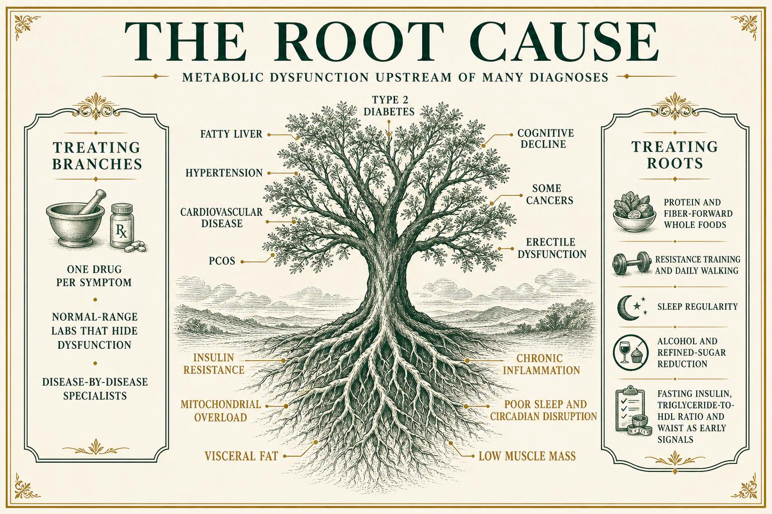 Infographic tree showing metabolic roots such as insulin resistance and visceral fat producing branches of common chronic diagnoses