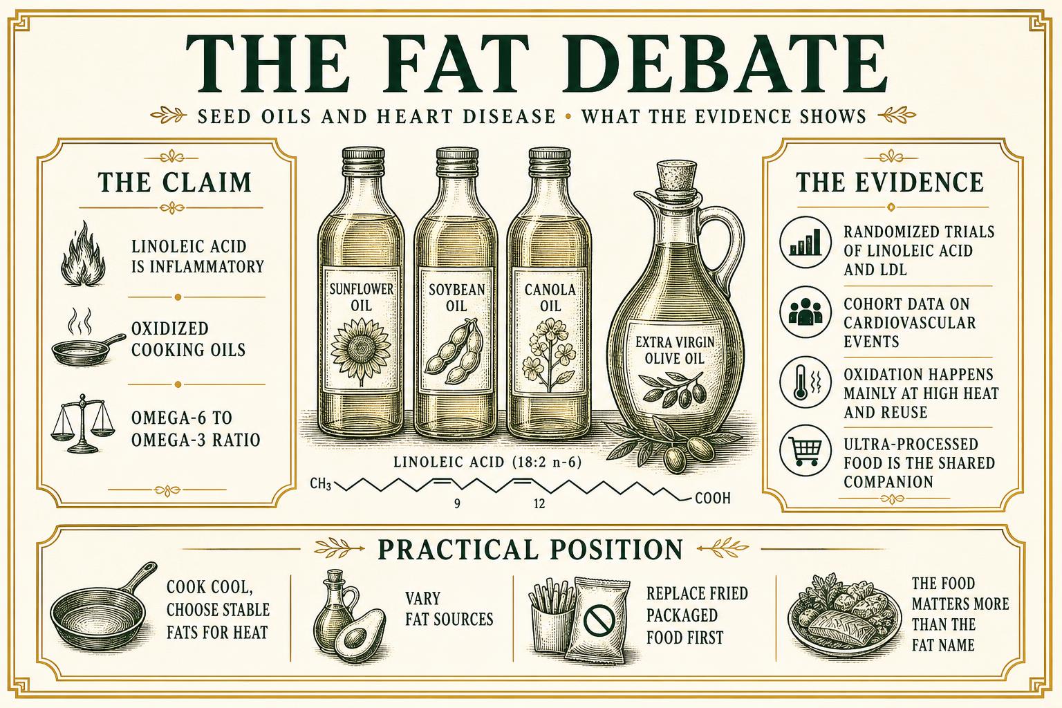 Infographic contrasting common claims about seed oils with the trial and cohort evidence, alongside practical cooking guidance