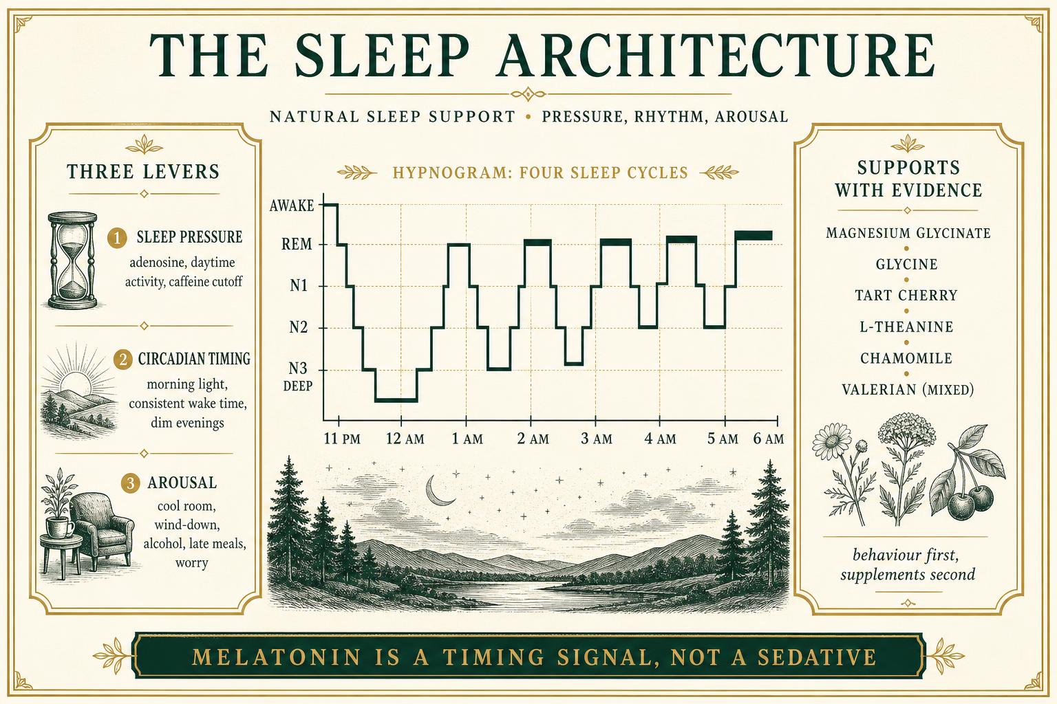 Infographic hypnogram of four sleep cycles across the night alongside the three levers of sleep pressure, circadian timing and arousal