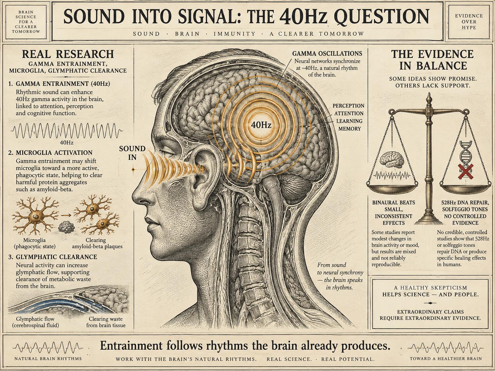 Engraved plate showing a sound wave entering the ear and propagating as 40-hertz gamma oscillations across a brain cross-section, with an evidence scale weighing binaural beats against gamma sensory stimulation research.