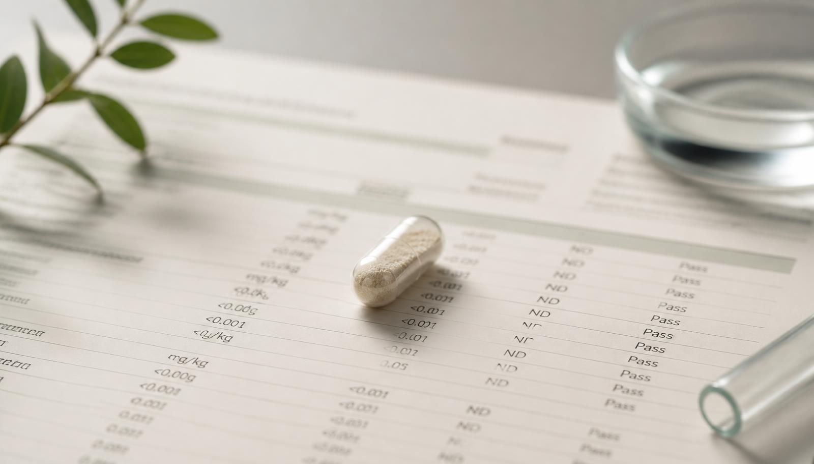 Editorial still life of a transparent supplement capsule beside a laboratory certificate of analysis in sage green and slate blue tones.
