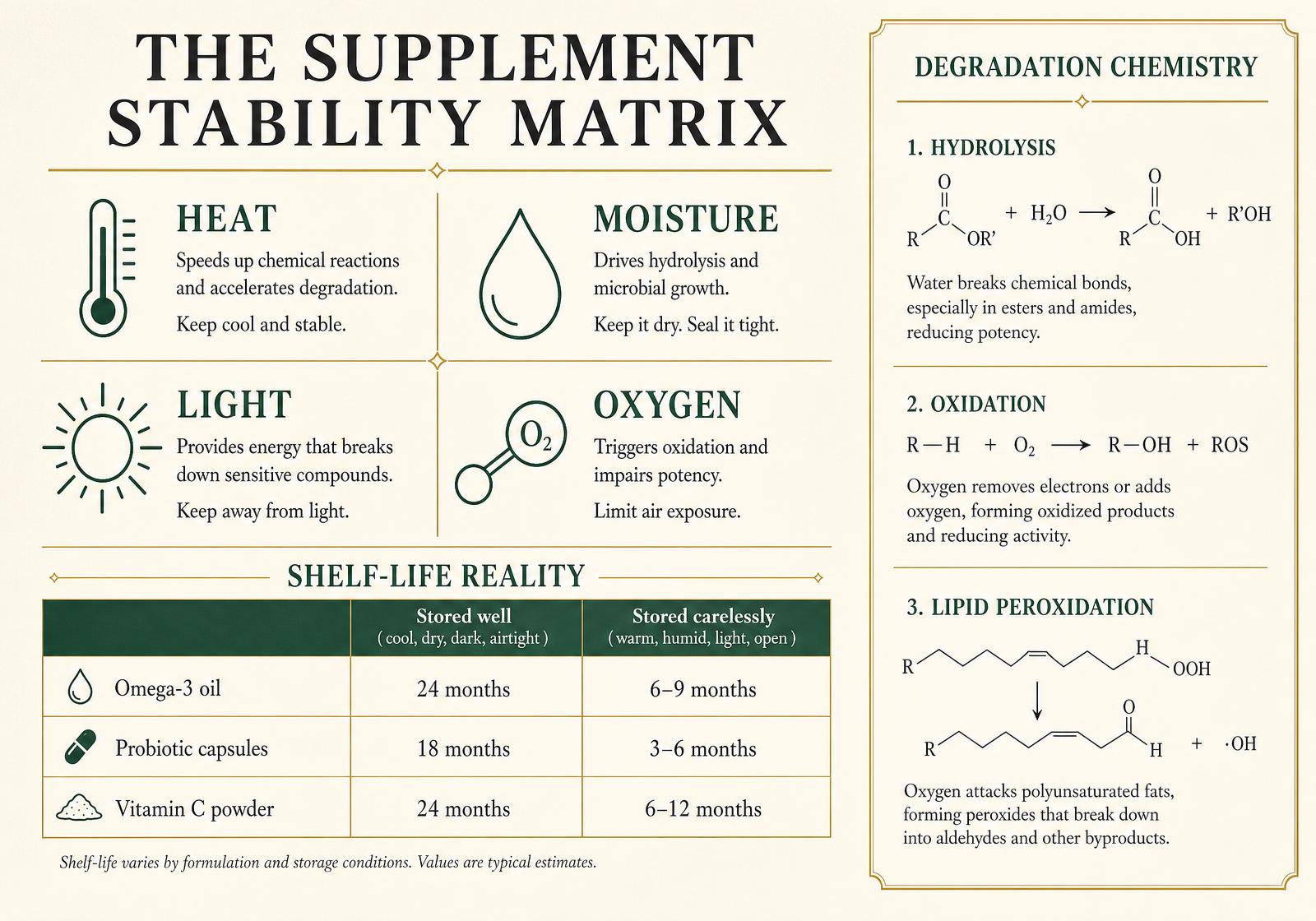 Editorial infographic plate mapping the four degradation forces — heat, moisture, light and oxygen — against supplement classes, with a shelf-life comparison of omega-3 oils, probiotics, vitamin C powder and fat-soluble vitamins, plus the hydrolysis, oxidation and photo-degradation reactions behind each failure and the countermeasure for each.