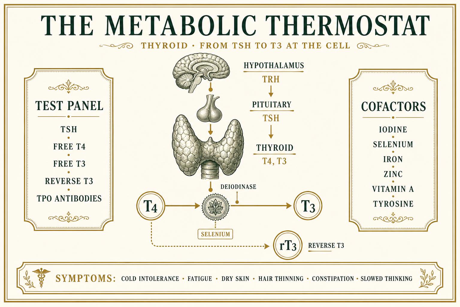 Infographic of the thyroid signalling axis from hypothalamic TRH through TSH to T4 and peripheral T3 conversion, with test panel and cofactors