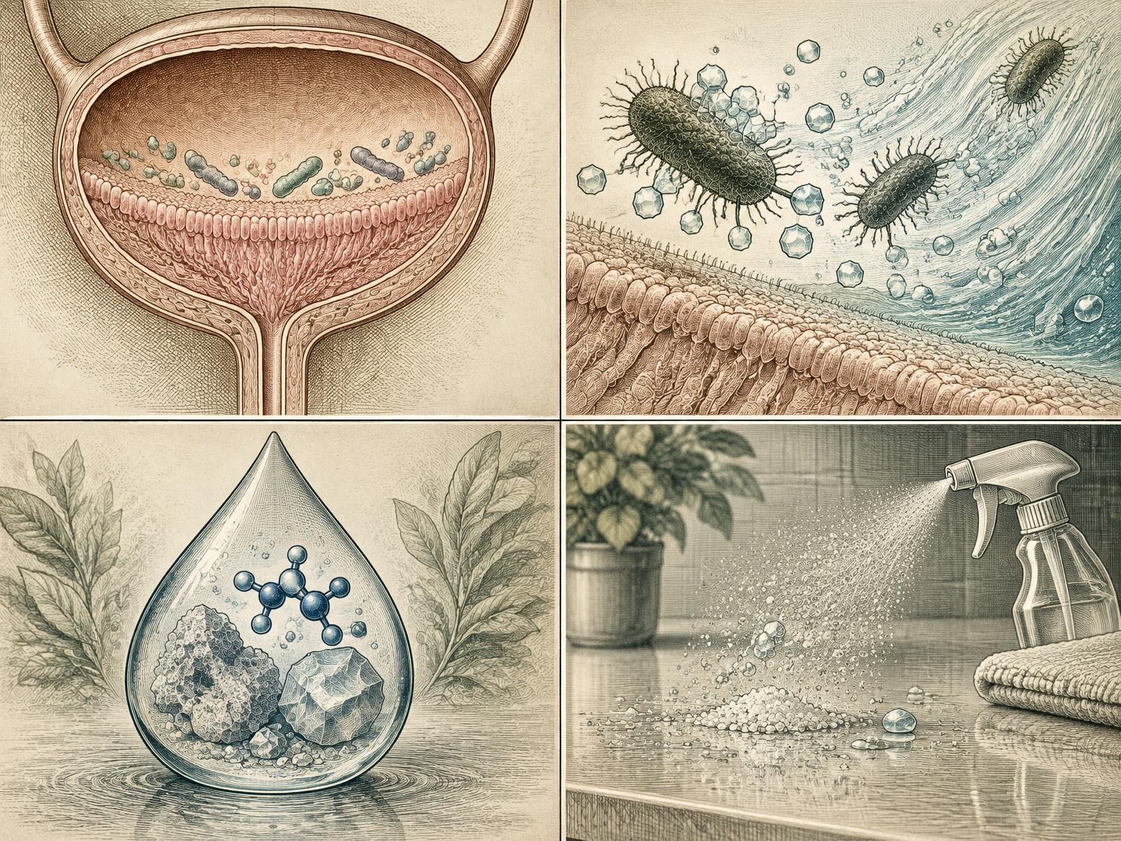 Engraved plate comparing the urinary terrain in balance and in dysbiosis, with panels on D-mannose anti-adhesion, methylene blue, remineralized water, and non-toxic surface hygiene.