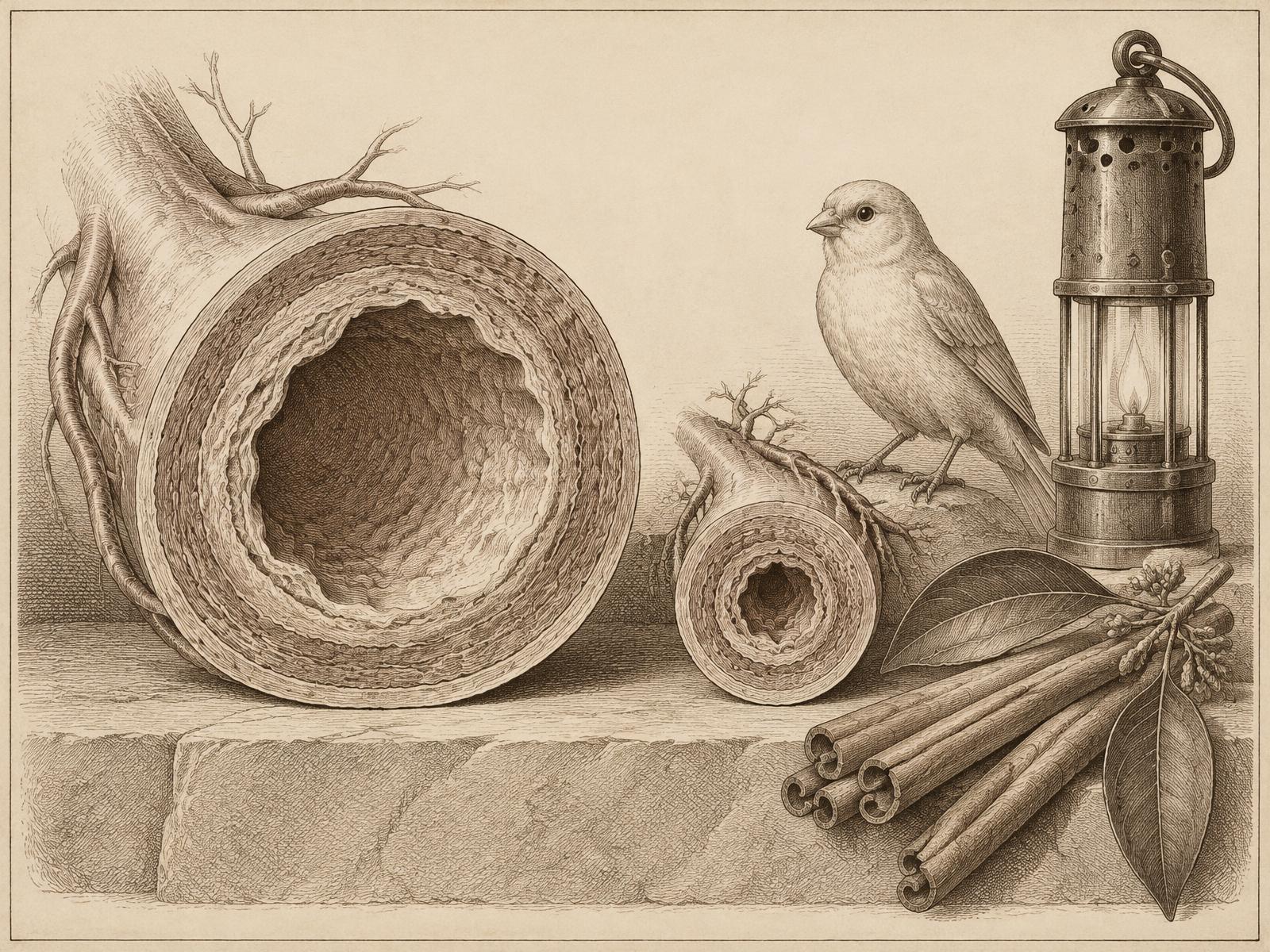 Engraved plate comparing a large coronary artery cross-section with a much smaller helicine artery, beside a canary, a miner's lantern, and Ceylon cinnamon quills.