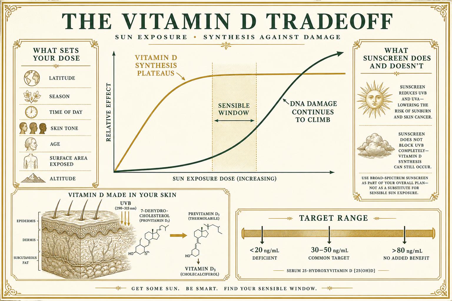 Infographic showing vitamin D synthesis plateauing while DNA damage keeps climbing with sun dose, plus factors setting individual dose and target blood ranges