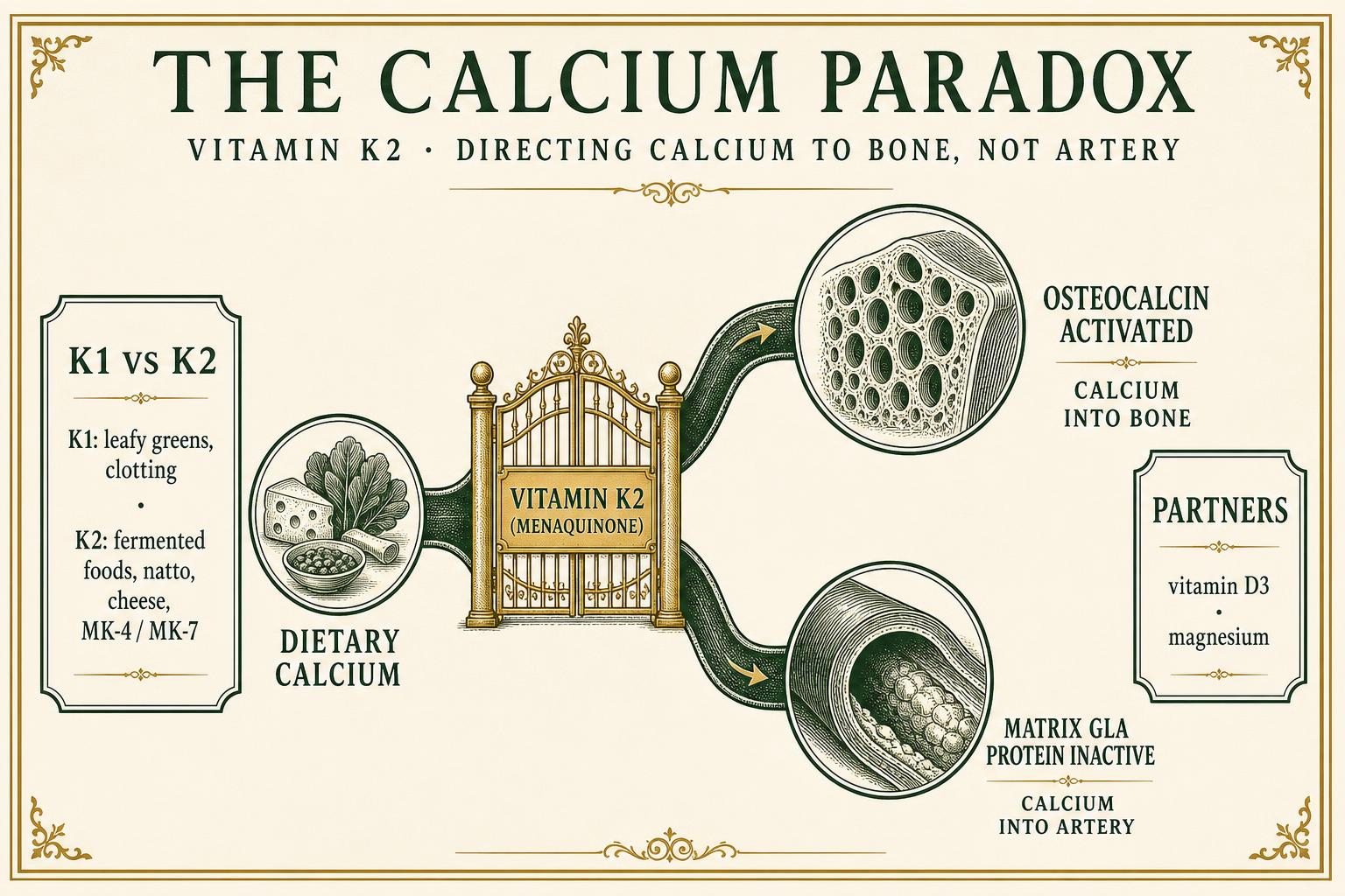Infographic showing dietary calcium routed through a vitamin K2 gate either into bone via osteocalcin or into arterial plaque when matrix GLA protein stays inactive
