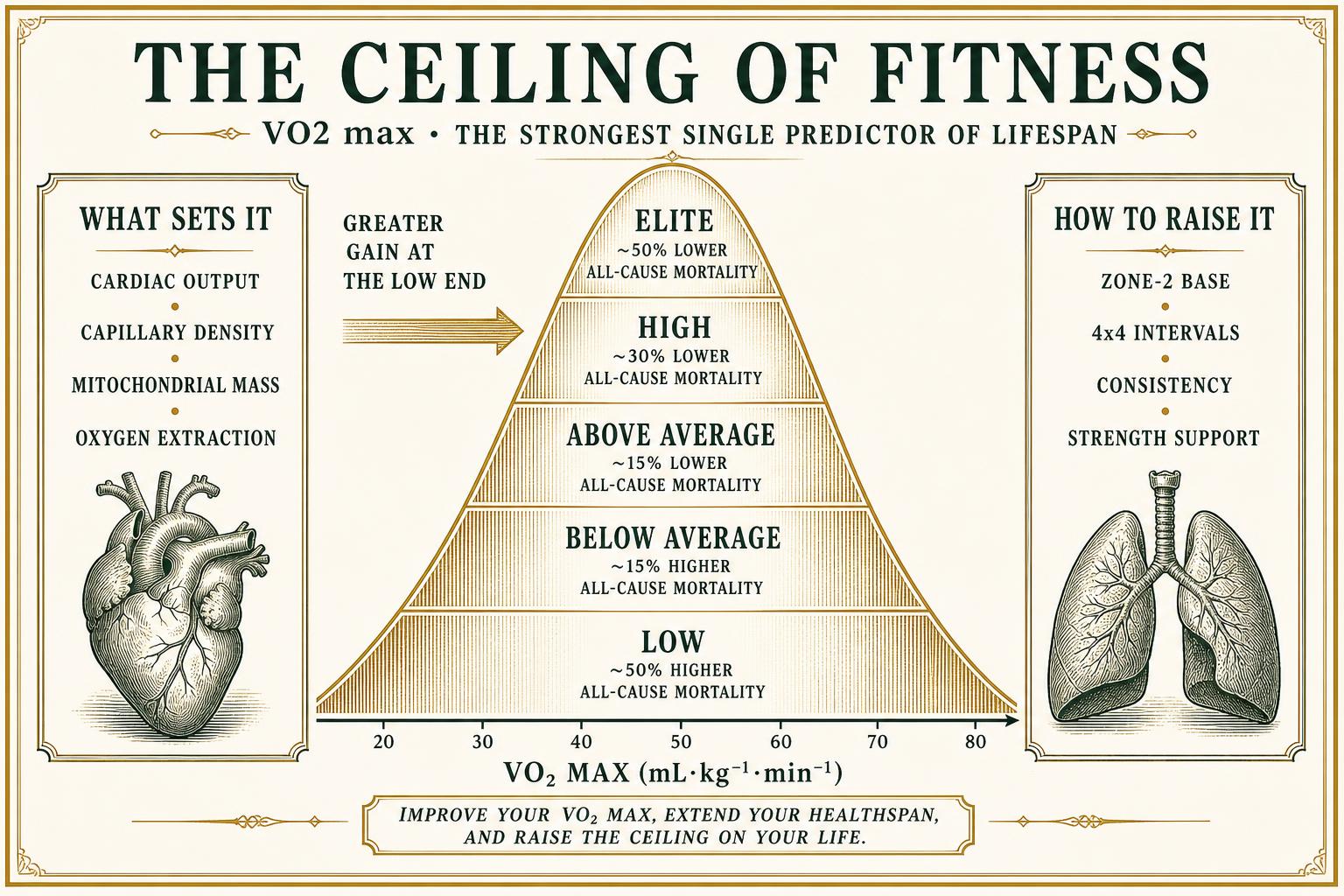 Infographic of VO2 max fitness bands from low to elite plotted against relative all-cause mortality, with determinants and training methods