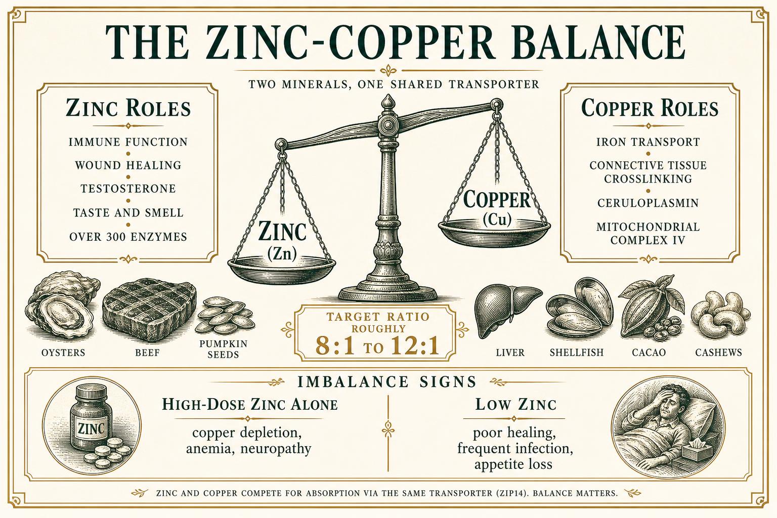 Infographic balancing zinc and copper roles, their target intake ratio, food sources and the signs of imbalance in either direction